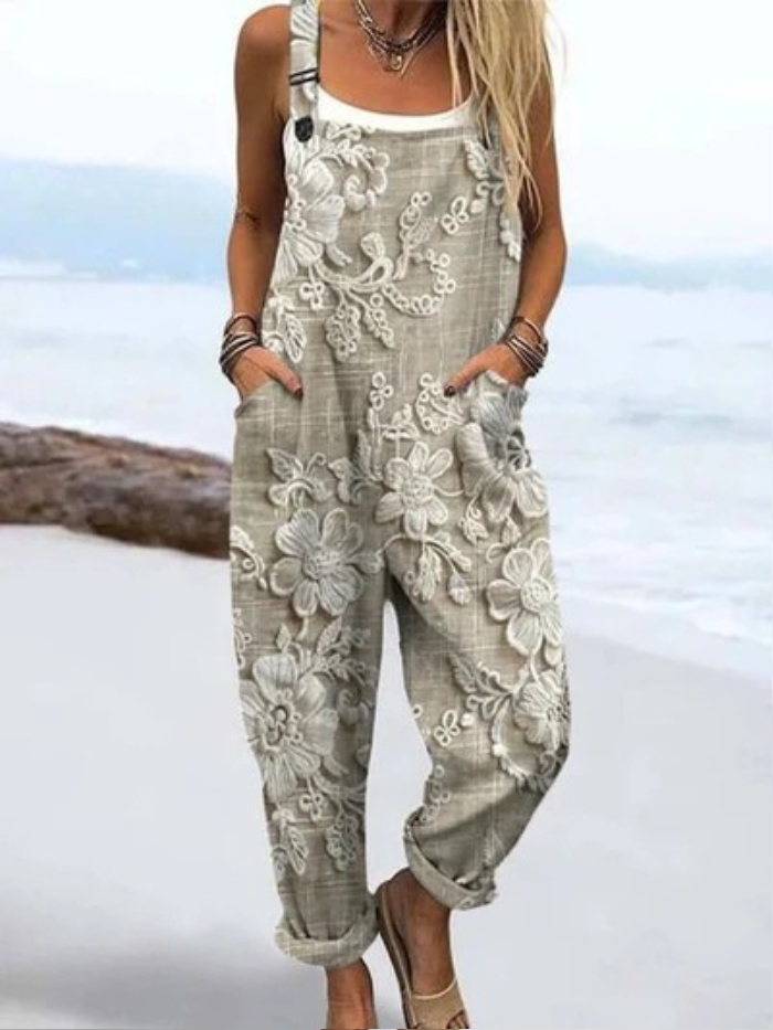 Leichter Damen Vintage Jumpsuit in Hellgrau für Sommer & Frühling. Bequemer Einteiler mit weiter Passform und Taschen.