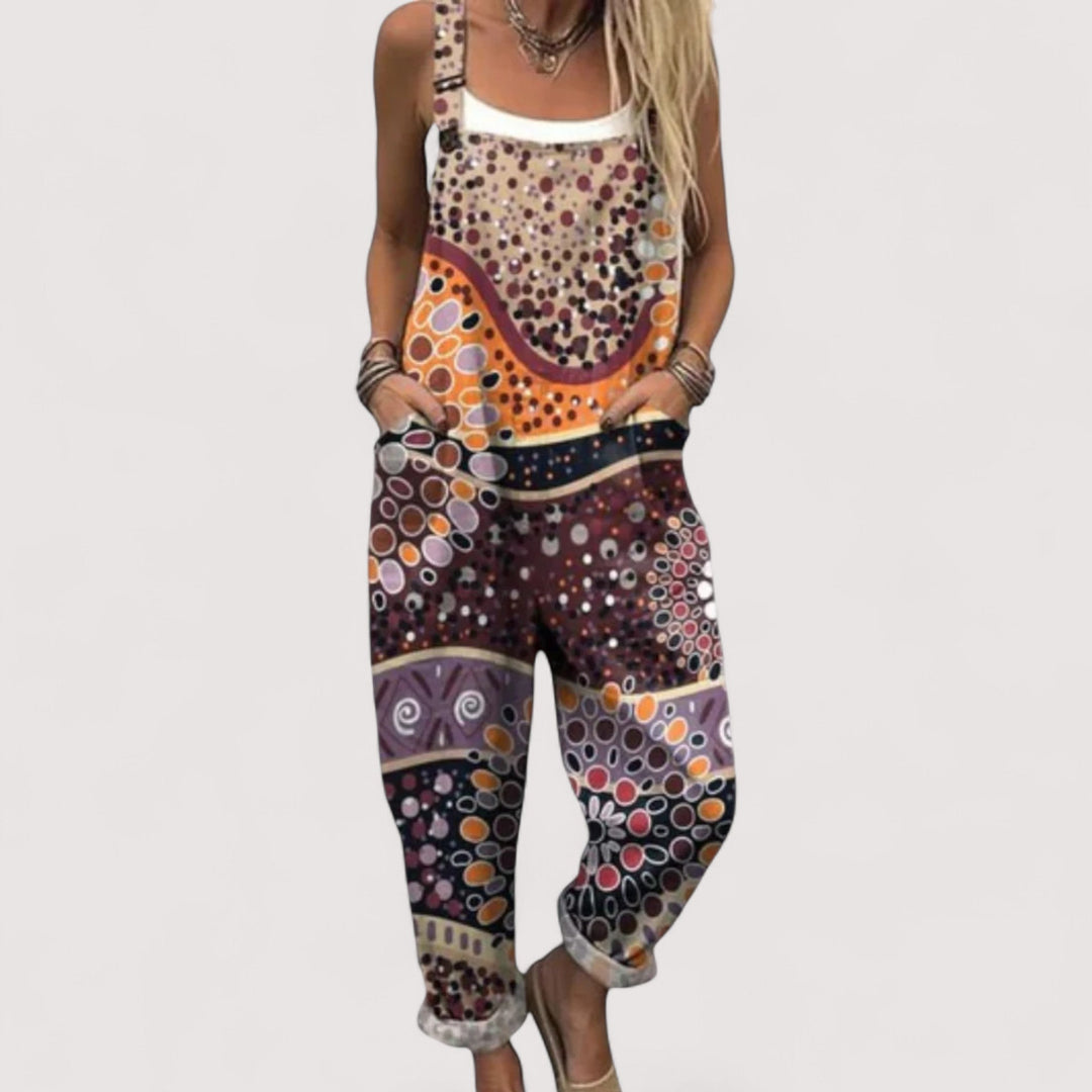 Farbenfroher Damen Jumpsuit mit weitem Bein & entspannter Passform, ideal für einen stilvollen, bequemen Sommerlook.