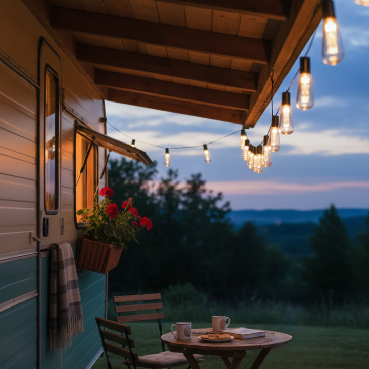 Solar-Lichterkette mit Vintage LEDs beleuchtet eine Terrasse bei Sonnenuntergang für gemütliches Flair.