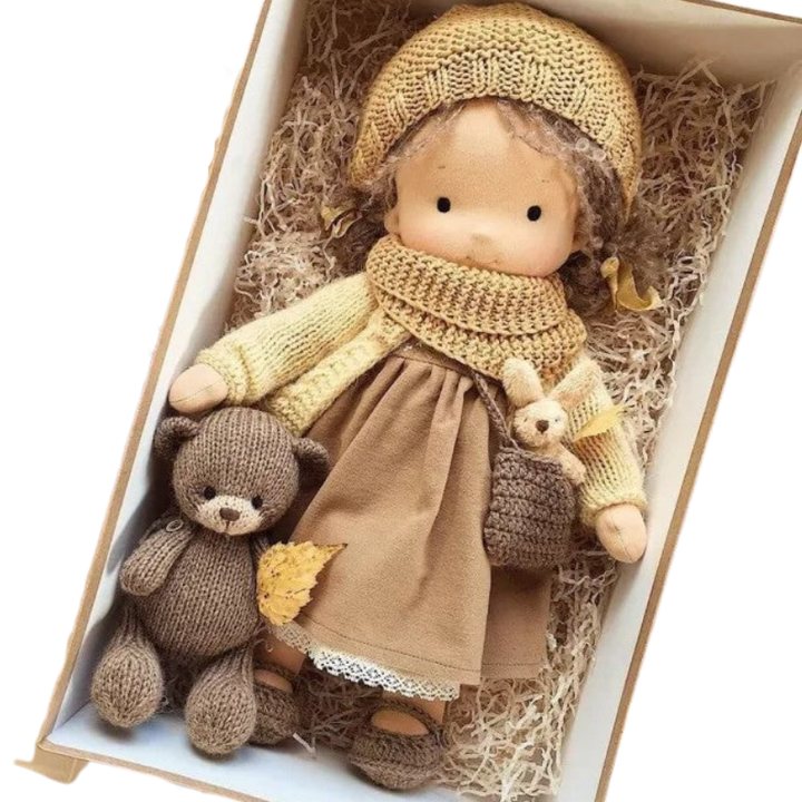 Handgemachte Waldorfpuppe aus Naturmaterialien, weich & einzigartig. Pädagogisches Kinderspielzeug zum Kuscheln.