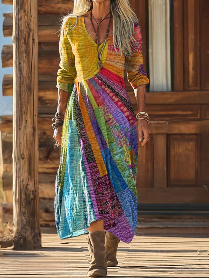 Elegantes Bohemian Maxikleid für Damen, fließend und bequem, perfekt als Sommer- oder Urlaubskleid mit V-Ausschnitt.