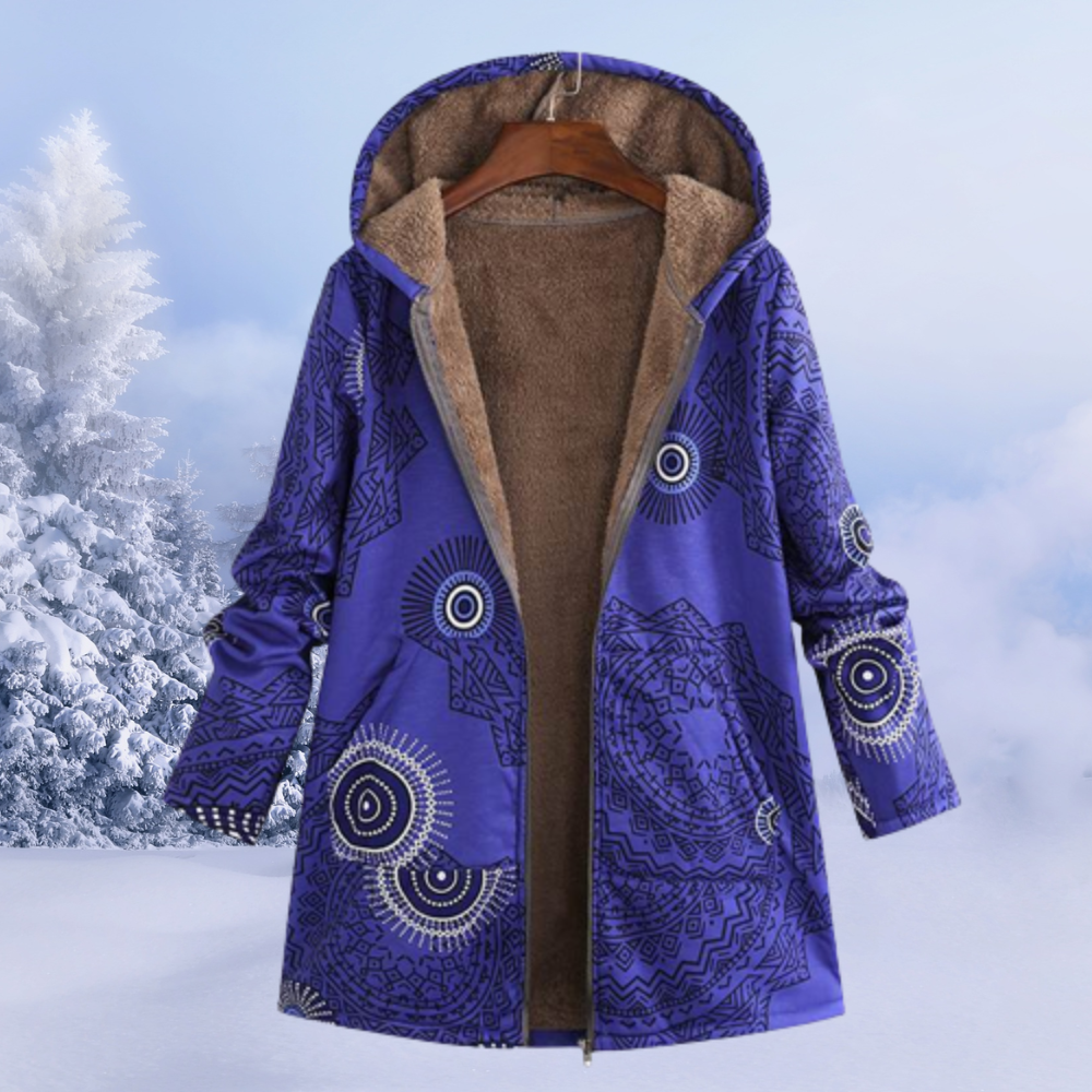 Damen lange Pufferjacke mit Kapuze, warm und bequem. Die ideale Winterjacke für kalte Temperaturen.