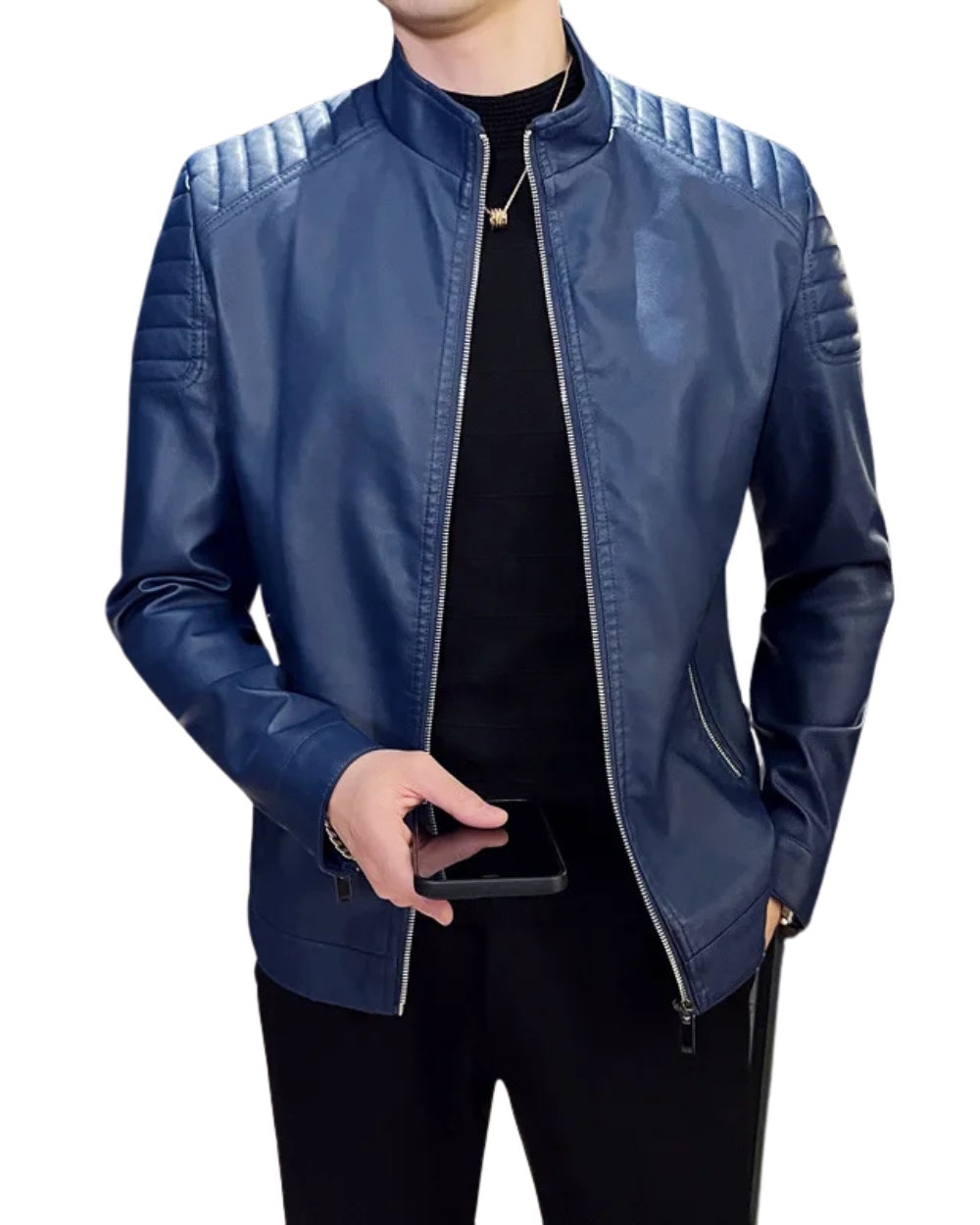 Blaue Herren Slim Fit Übergangsjacke mit Reißverschluss, stilvoll für Freizeit & Frühling.