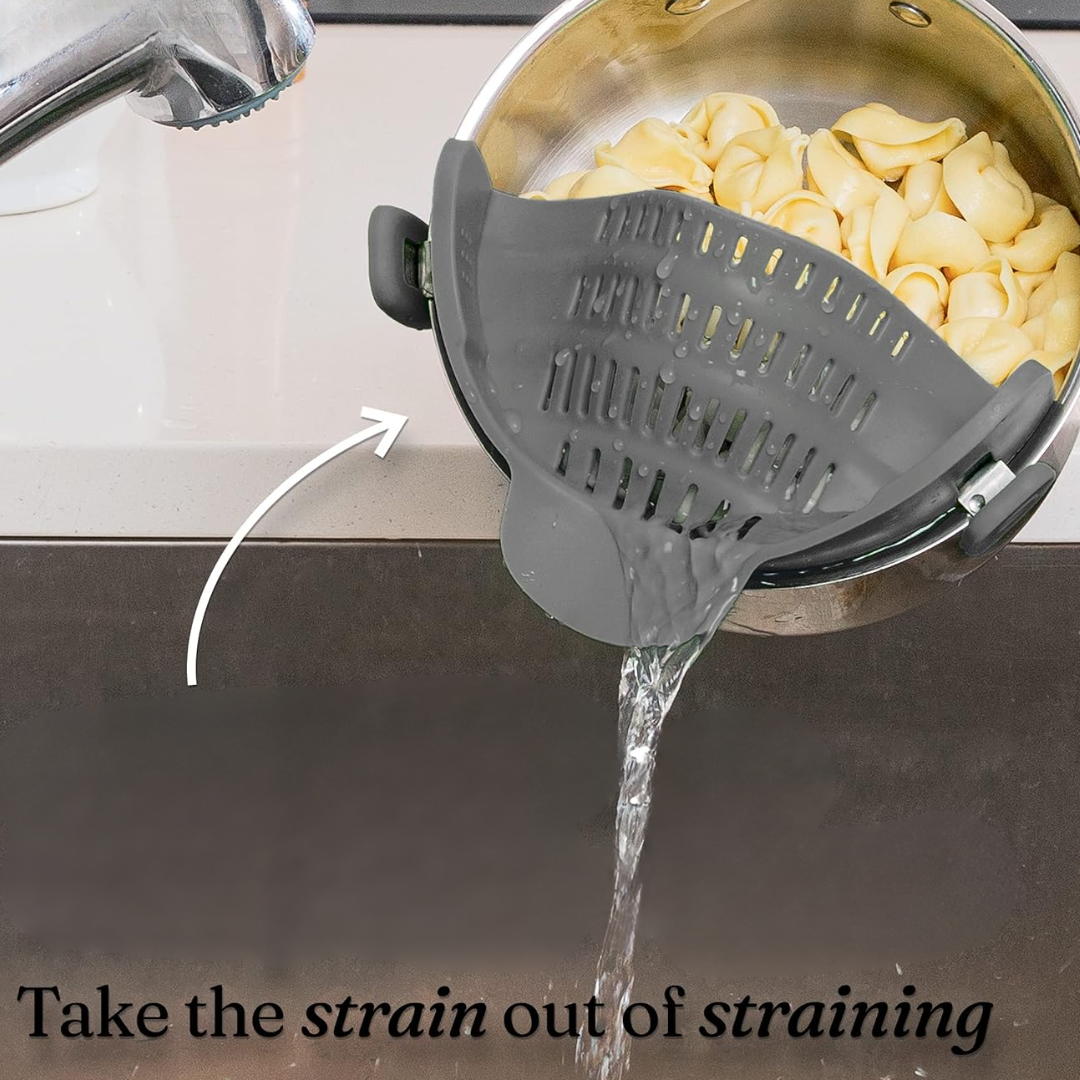Modernes Kochutensil, Clip-On Sieb aus Silikon, unverzichtbar für Pasta- und Gemüsegerichte.
