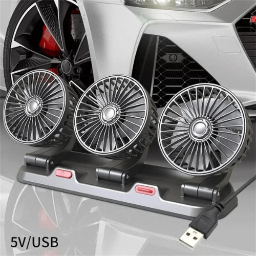 Leistungsstarker 3-Kopf-Autolüfter mit USB-, 12V- und 24V-Anschluss für flexible Fahrzeugkühlung.