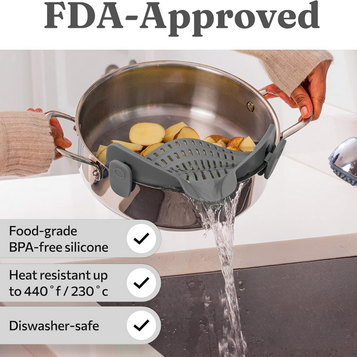 Effizientes Silikon-Abgießsieb mit Klemmfunktion, sicheres und müheloses Abgießen heißer Speisen.