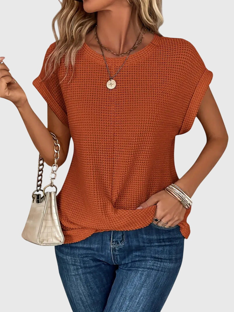 Damen Waffelstrick Bluse mit Rundhals, Kurzarm, bequem für jeden Tag und Freizeit.