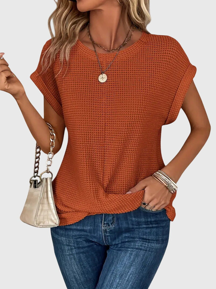 Damen Waffelstrick Bluse mit Rundhals, Kurzarm, bequem für jeden Tag und Freizeit.