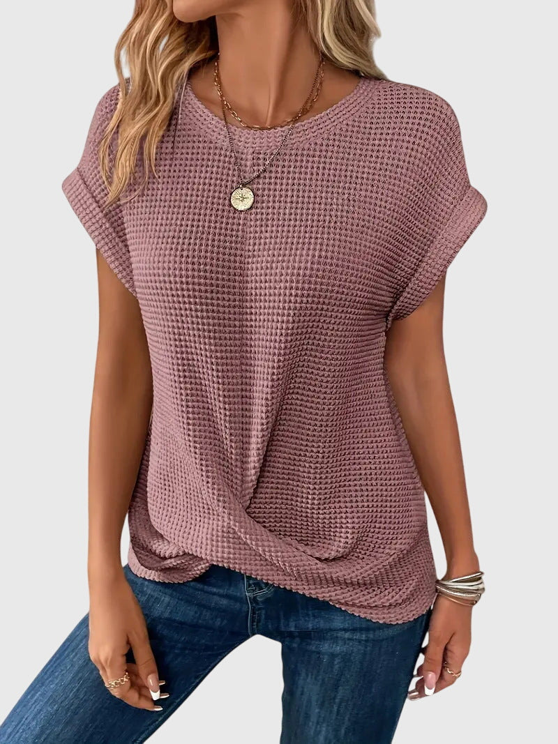 Modische Damenbluse aus Waffelstrick, Rundhals, locker geschnitten, ideal für Sommer & Alltag.
