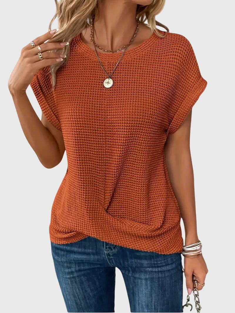 Vielseitige Damen Kurzarm-Bluse Waffelstrick, Rundhals, stilvoll und bequem für Freizeitlooks.