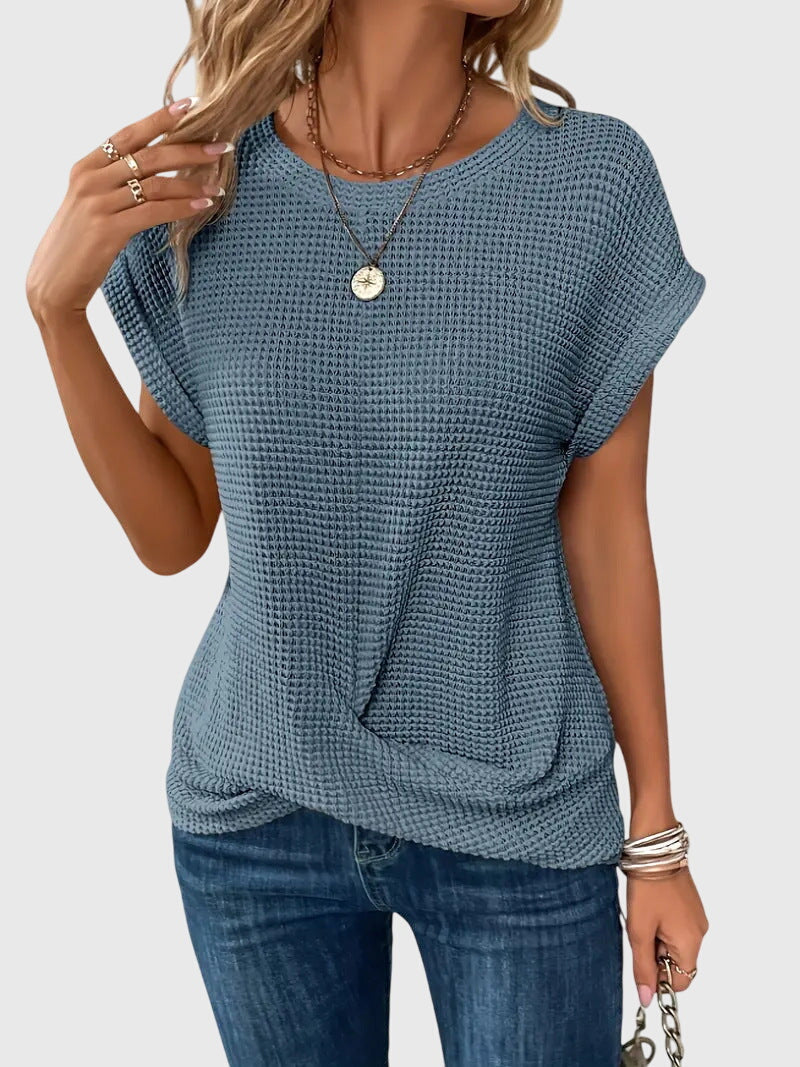 Farbig, stilvolle Damen Waffelstrick Bluse mit Rundhals, locker und angenehm für den Alltag.