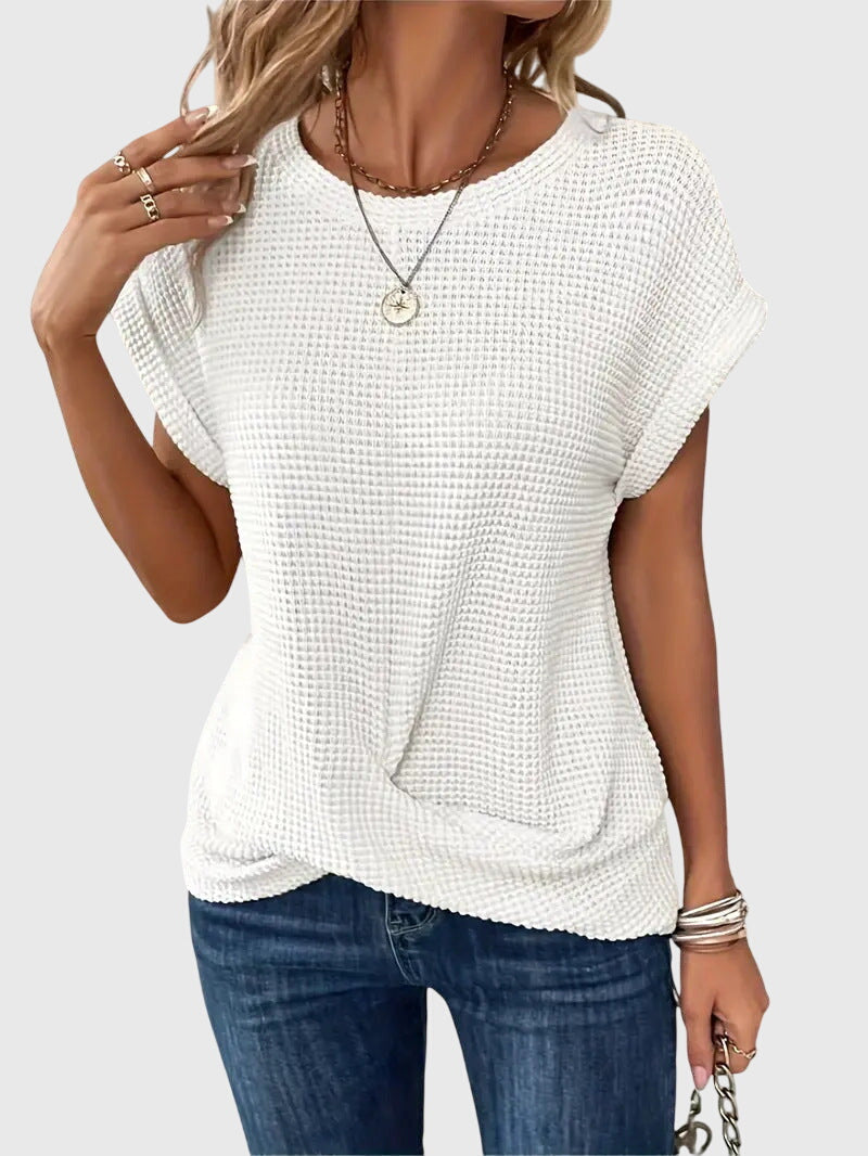 Kombinierbare Damen Waffelstrick Bluse, Rundhals, Kurzarm, stilvoll für Sommer und Alltag.