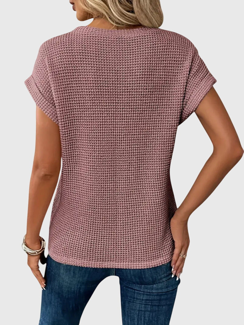 Locker sitzende Damenbluse Waffelstrick mit Rundhals, Kurzarm, bequem für Freizeit & Alltag.