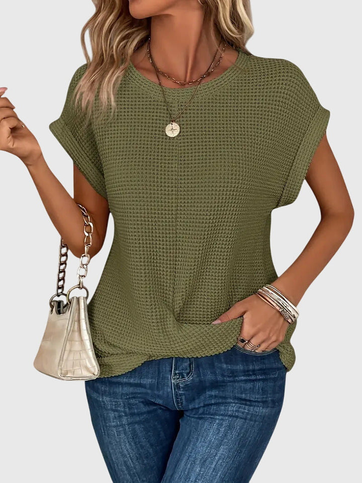 Bequeme Damen Waffelstrick Bluse mit Rundhals, Kurzarm, vielseitig für Alltag und Freizeit.