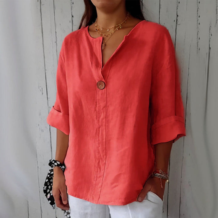 Komfortable Damen Sommer Leinenbluse mit V-Ausschnitt, atmungsaktiv, ideal für lässige Eleganz.