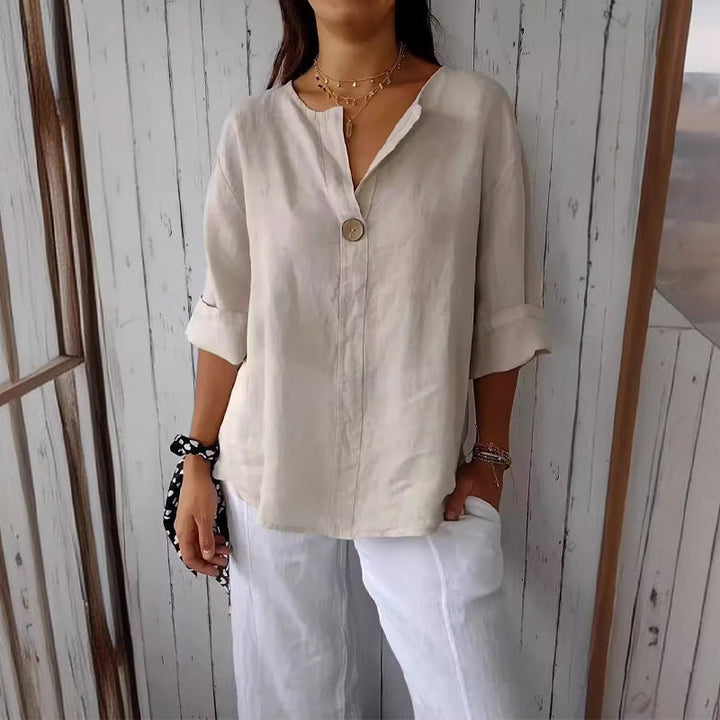 Damen Sommerbluse aus Leinen mit V-Ausschnitt, entspannter Casual Fit für Eleganz und Komfort.