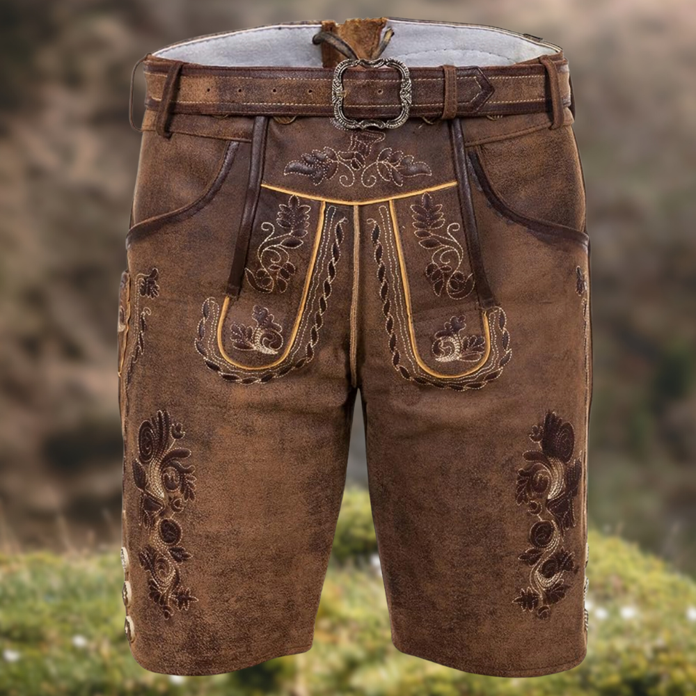 Herren Trachtenhose braun, traditionell mit feiner Stickerei, ideal für Oktoberfest & Trachtenfeste. Klassische bayerische Festmode.