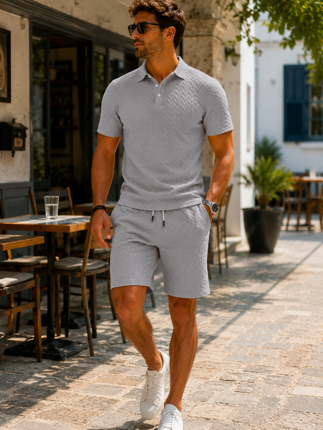 Elegantes Herren Polo-Set mit passenden Shorts, kombiniert sportlichen Stil mit hohem Tragekomfort im Sommer.