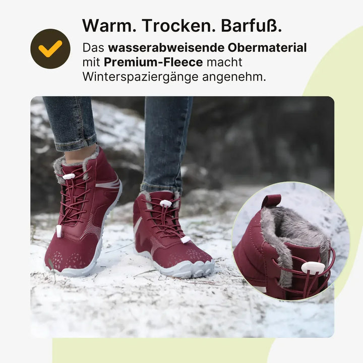 Rote, wärmende Outdoorschuhe: Unisex Winter-Barfußschuhe, wasserabweisend & flexibel für Komfort.