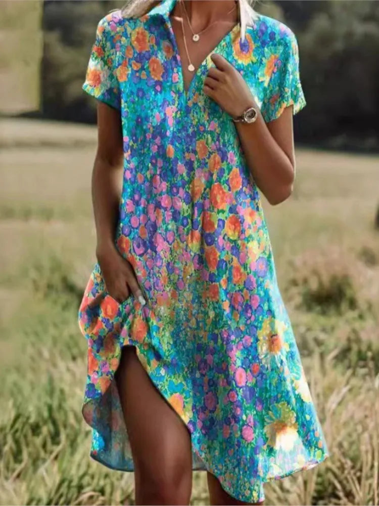 Damen Boho Maxikleid mit V-Ausschnitt & Kurzarm; elegantes, fließendes Sommerkleid für Freizeit & Strand.