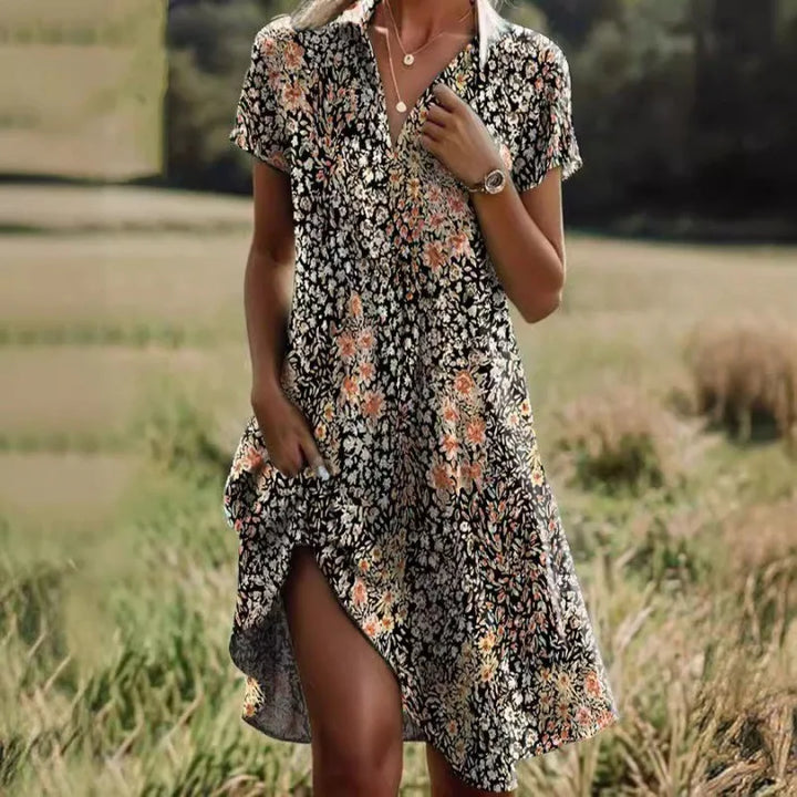 Langes Damen Boho Maxikleid; fließendes Freizeitkleid mit V-Ausschnitt & Kurzarm; perfekt für Urlaub.