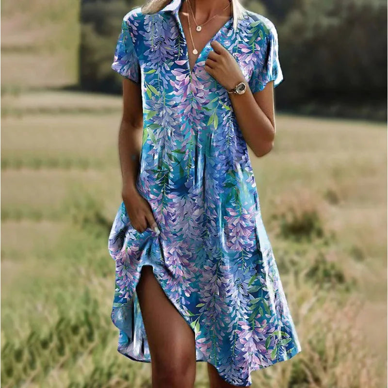 Elegantes Damenkleid: Fließendes Boho Maxikleid mit V-Ausschnitt & Kurzarm; perfekt für den Sommer.