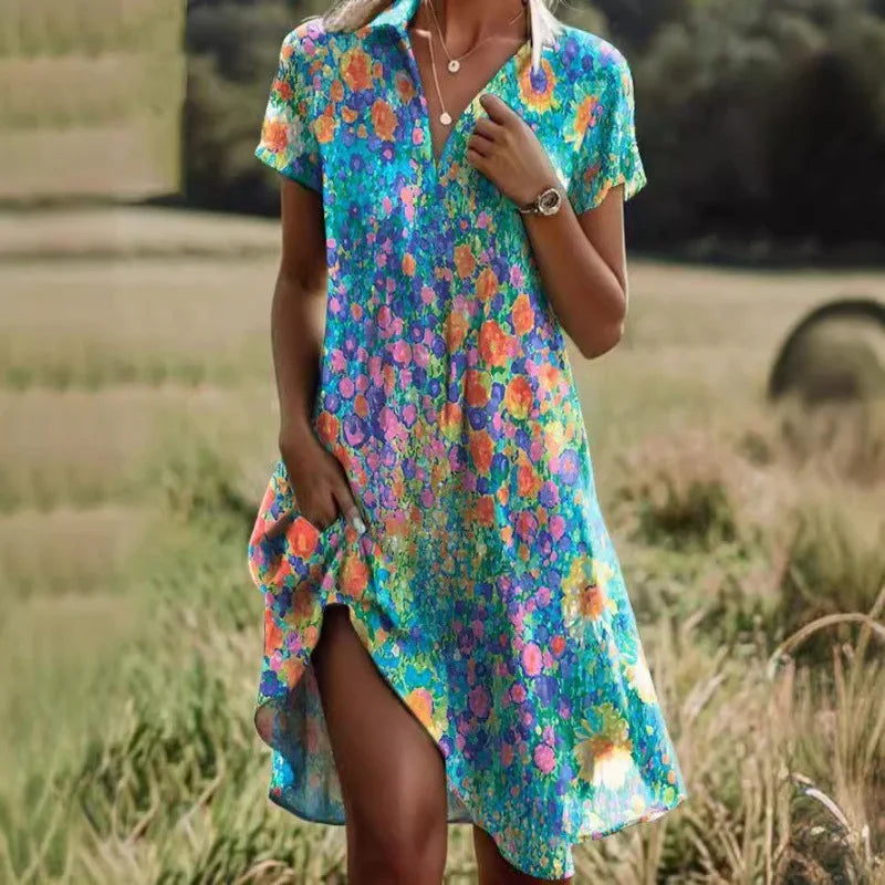 Damen Boho Maxikleid mit V-Ausschnitt, elegant fließend; komfortables Sommerkleid mit kurzen Ärmeln.