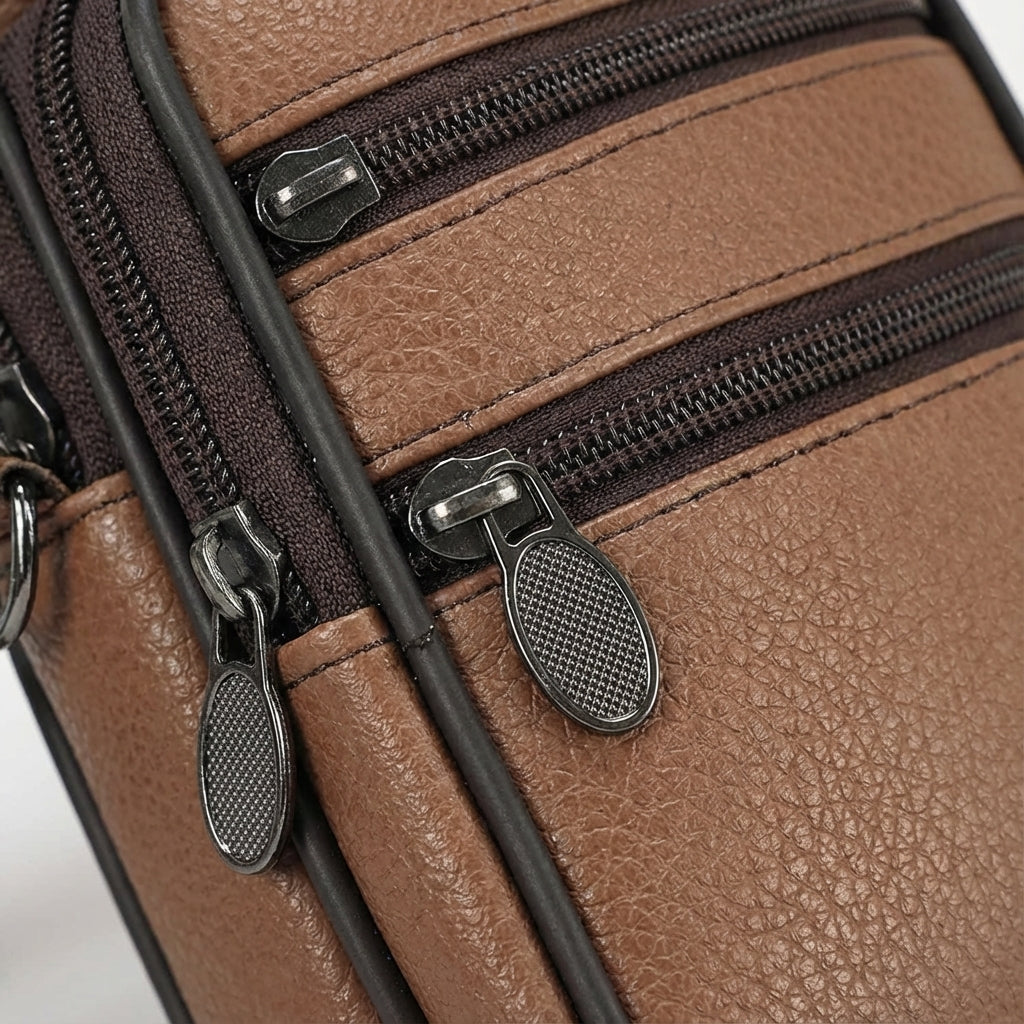 Frau trägt stilvolle LeatherLuxe Crossbody Ledertasche. Verstellbare Unisex Umhängetasche, ideal für den Alltag.