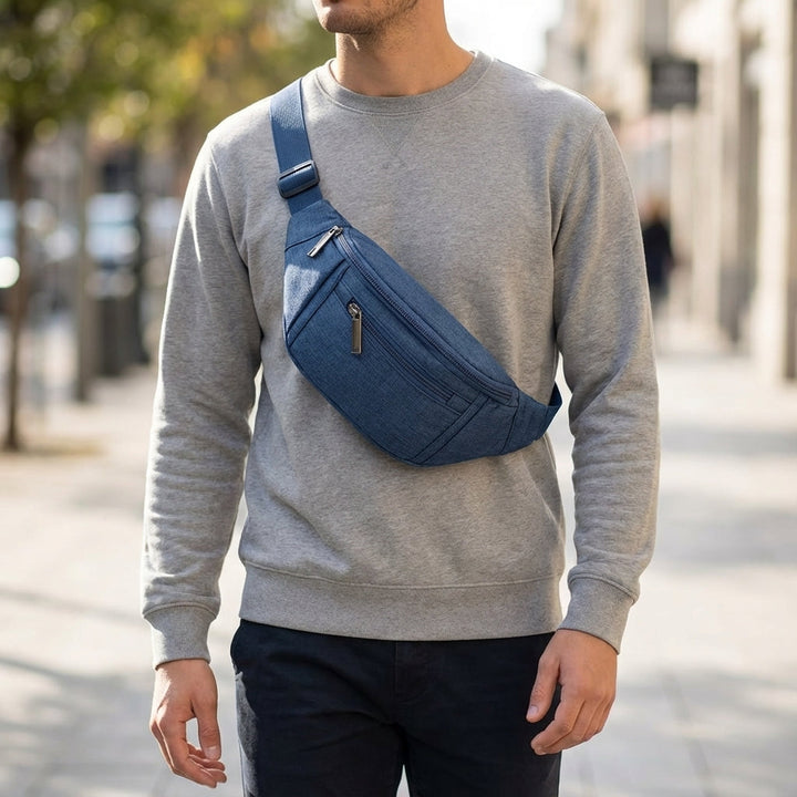 Schwarze robuste Unisex Crossbody-Tasche mit 4 Fächern & verstellbarem Gurt. Ideal für Reisen & Alltag.