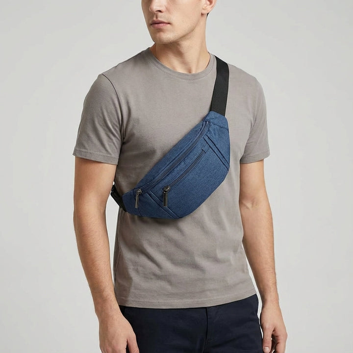 Dunkelblaue verstellbare Sling-Bag für Damen & Herren mit 4 Fächern. Perfekt als Bauchtasche oder Reisetasche.