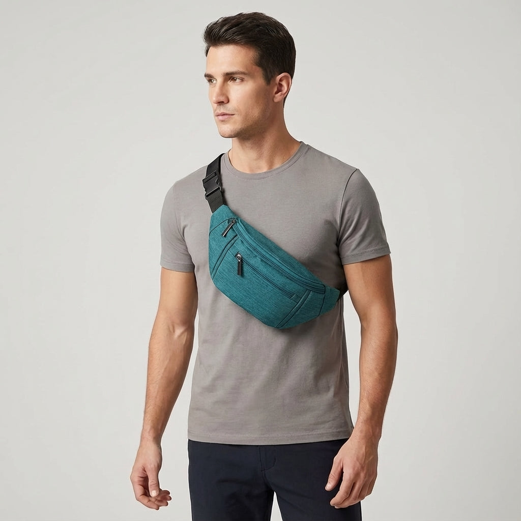 Dunkelblaue robuste Sling-Bag für Herren & Damen. Verstellbare Reisetasche mit 4 Fächern für optimalen Stauraum.
