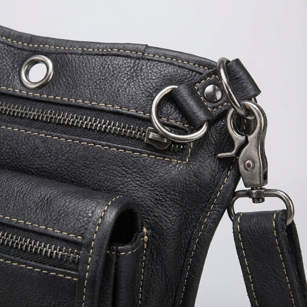 Schwarze Beintasche CrossGrip am Bein eines Models getragen. Perfekt für Motorrad, Fahrrad & Outdoor-Abenteuer.