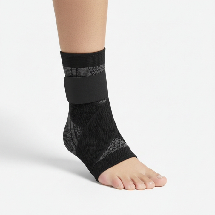 Verstellbare Knöchelbandage mit Klettverschluss, bietet Kompression und Stabilität fürs Sprunggelenk beim Sport.