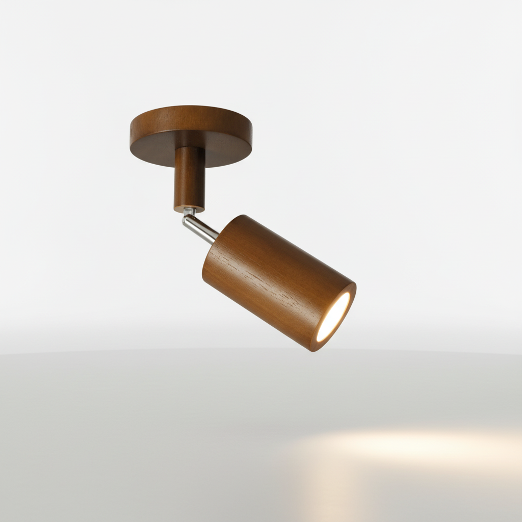 Robuste Walnuss-Holz-Spotleuchte Ecobeam, energieeffizient und verstellbar.
