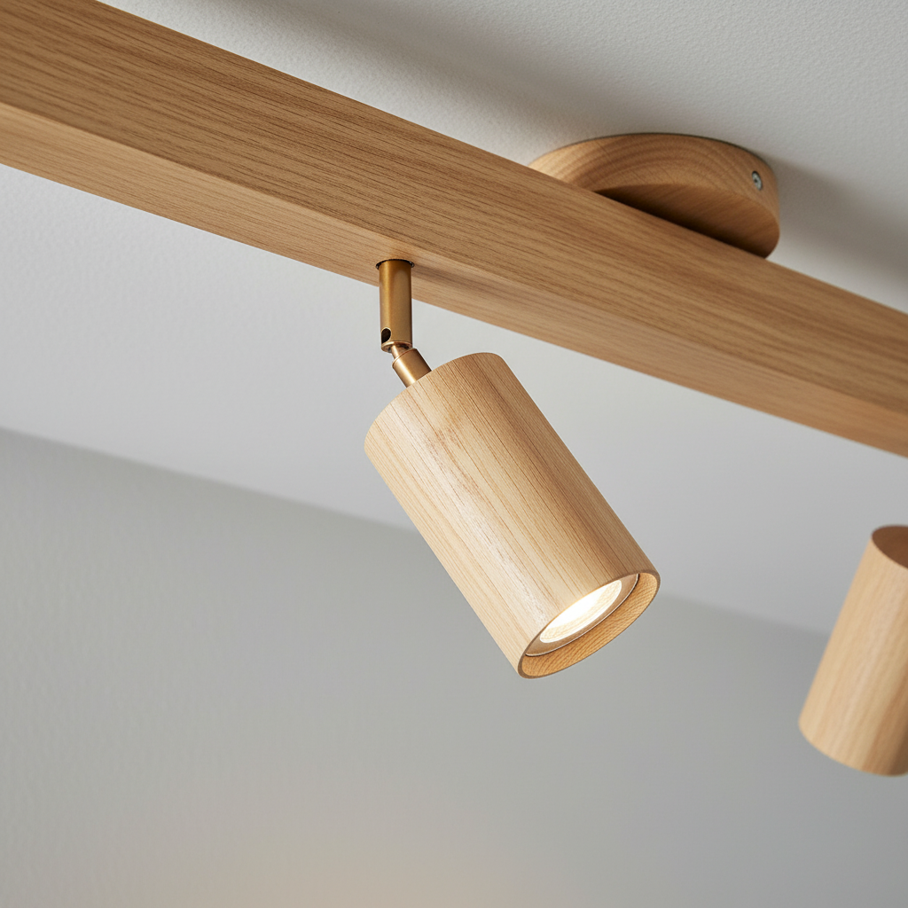 Elegante Walnuss-Spotleuchte Ecobeam, verstellbar, ideal für Akzentbeleuchtung.