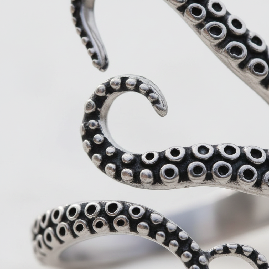 Edler Damenring aus Sterling-Silber, verstellbar, mit maritimem Tentakel-Motiv für Eleganz am Finger.