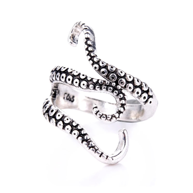 Hochwertiger verstellbarer Silberring für Damen, maritim mit detaillierten Tentakel-Ranken, elegant.