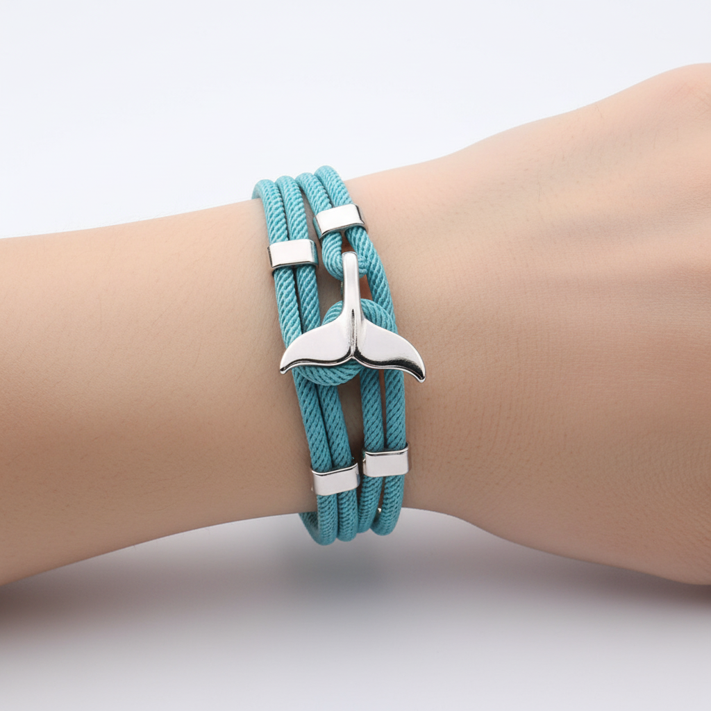 Blaues maritimes Unisex Armband "AnchorBlue" mit Fischschwanz. Verstellbares Edelstahl Seil, elegant.