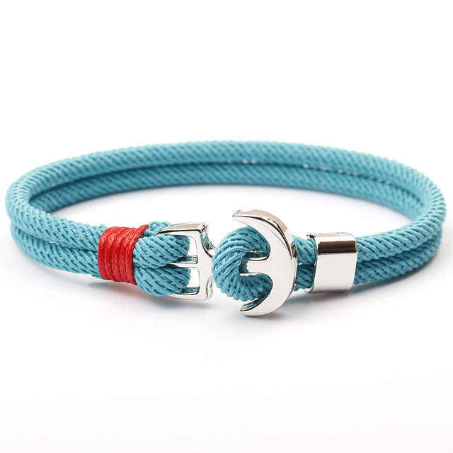Maritimes Unisex Armband mit Anker-Verschluss in "AnchorBlue". Verstellbares blaues Edelstahl Seil.