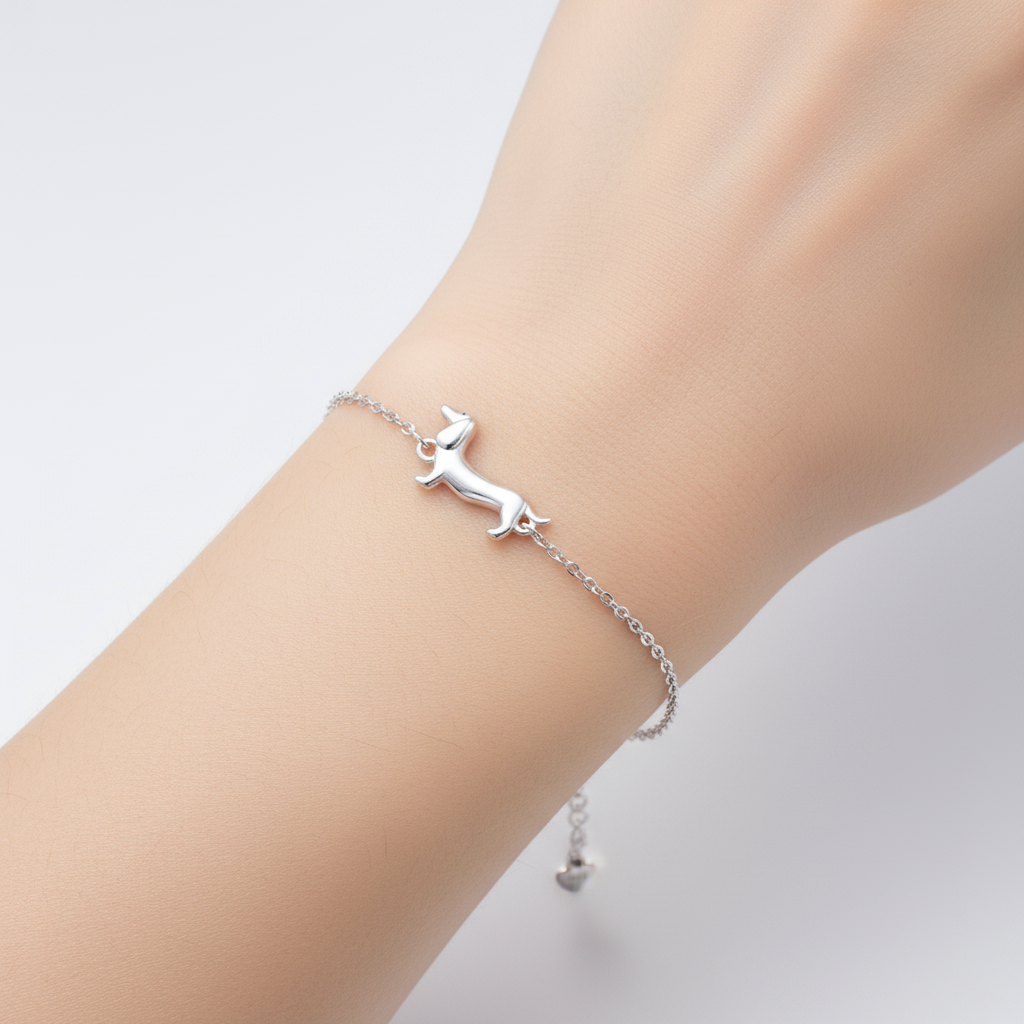 Detailaufnahme des 925er Silber Dackel-Anhängers an einem verstellbaren Damen Armband. Süßer Tierschmuck.