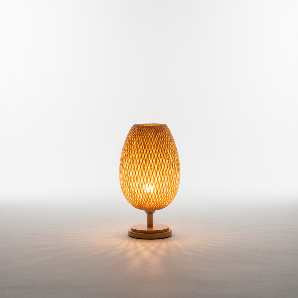 Handgefertigte Bambuslampe im Vintage-Stil, sorgt für ein gemütliches Ambiente.