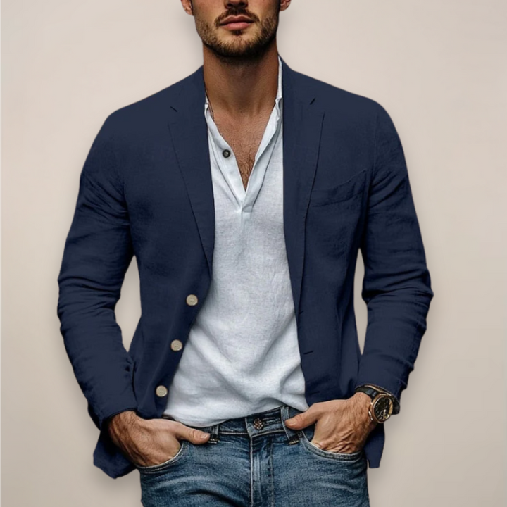 Einreihiger Herrenblazer. Pflegeleichter, vielseitiger Sommerblazer für elegante & lässige Herrenmode.