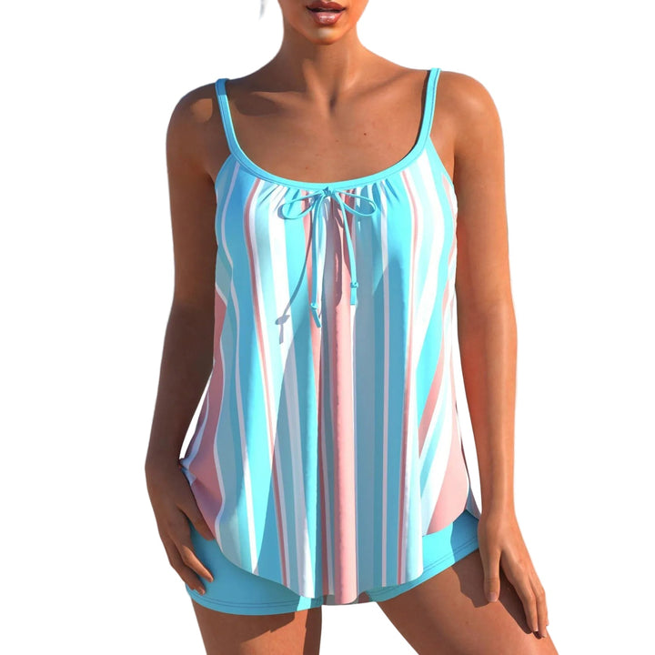 Damen Tankini Set mit hoher Taille und breiten Trägern, ideal für Schwimmen und Sonnenbaden am Strand.