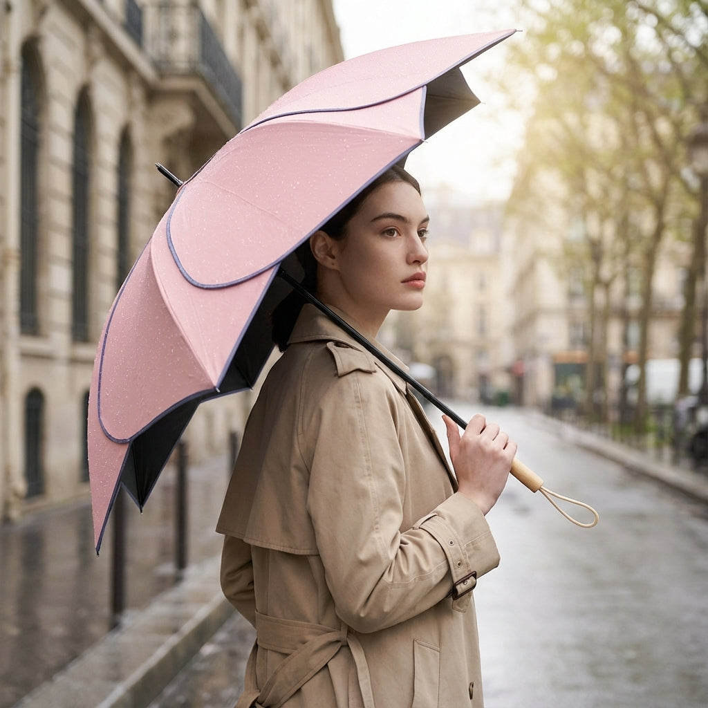 Damen Regenschirm mit farbigem Blütenmotiv, UV-Schutz & wasserabweisender Funktion. Wetterfestes Accessoire.