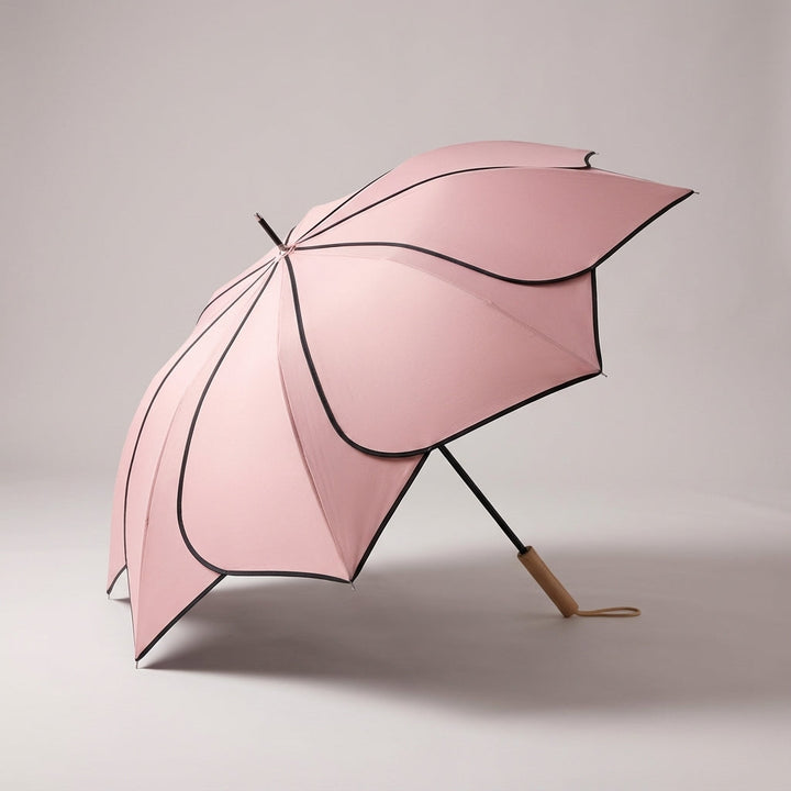 Eleganter Damenschirm mit lebhaftem Blumenmotiv und edlem Holzgriff, wetterfest & schützend vor Regen und Sonne.