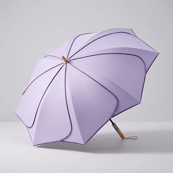 Geöffneter Damen Regenschirm: Farbiges Blütenmotiv, UV-Schutz & Holzgriff. Wetterfestes und praktisches Accessoire.