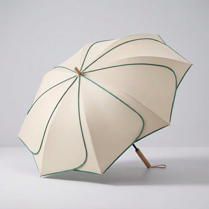 Kompakter Damen Regenschirm mit farbigem Blumenmotiv, UV-Schutz & Holzgriff. Ideal für unterwegs und jedes Wetter.