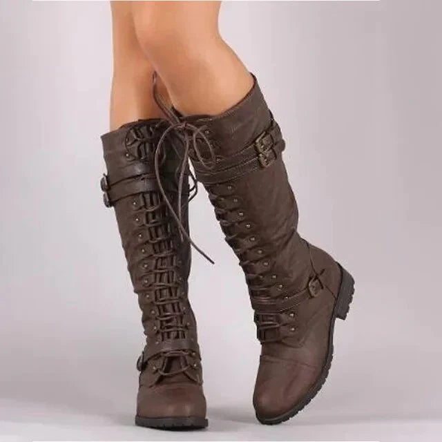 Stilvolle Damen Kniehohe Herbststiefel mit flachem Absatz. Ideal für Mode und täglichen Komfort.