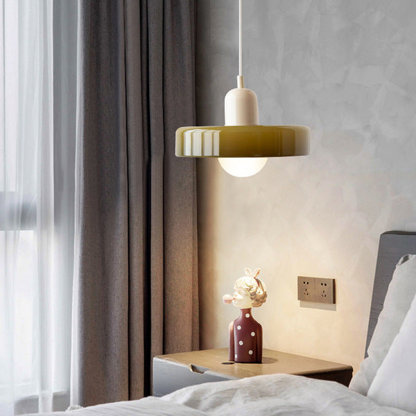 Moderne Wohnzimmer-Pendelleuchte, Buntglas im Bauhaus-Stil, hochwertig & farbig.