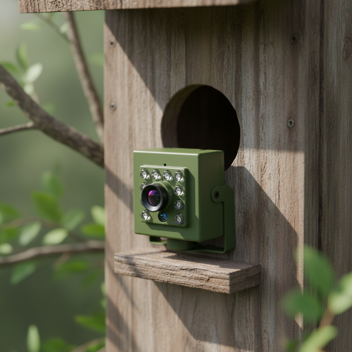 Grüne WLAN Nestkastenkamera NestViewo für Vogelbeobachtung; Echtzeit-Streaming direkt auf Ihr Smartphone.
